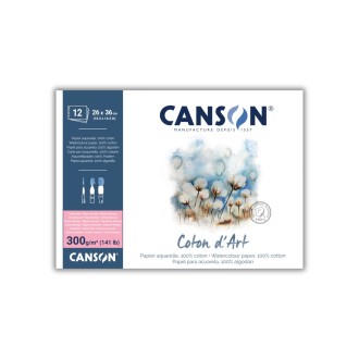 Canson Coton d’Art, 100% bavlna, za tepla lisovaný, 26 x 36 cm, 12 listů, 300g/m, lepený