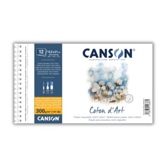 Canson Coton d’Art, 100% bavlna, za studena lisovaný, 13,5 x 21 cm, 12 listů, 300g/m, kroužková vazba