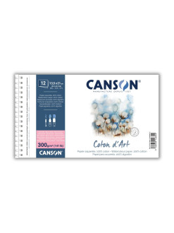 Akvarelový skicák Canson Coton d’Art, 100% bavlna, za tepla lisovaný, 13,5 x 21 cm, 12 listů, 300g/m, kroužková vazba