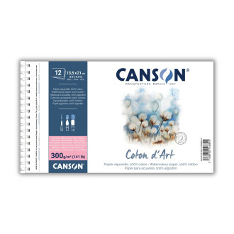 Akvarelový skicák Canson Coton d’Art, 100% bavlna, za tepla lisovaný, 13,5 x 21 cm, 12 listů, 300g/m, kroužková vazba