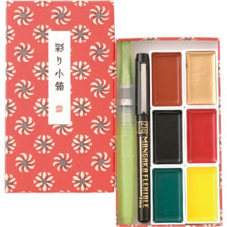 Kuretake Gansai Tambi Irodori Kobako Red (6ks barev, fix, vodní štětec)