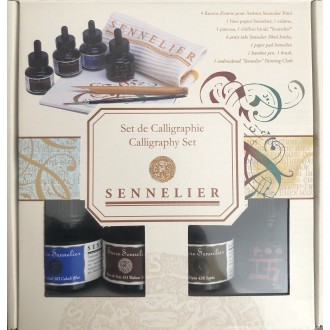 Sennelier kaligrafická sada 4 x ink. barva, skicák, pero, štětec, utěrka
