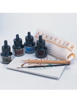 Sennelier kaligrafická sada 4 x ink. barva, skicák, pero, štětec, utěrka