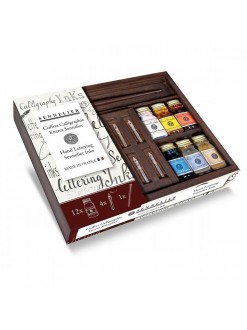 Sennelier kaligrafická sada - 12 inkoustů (10ml) + násadka + 4 špičky v dřevené kazetě