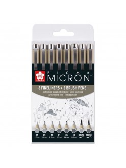 Sakura technických per Pigma Micron Grey 6+2 šedé odstíny (6x micron, 2x štetečkový hrot)