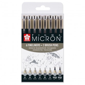 Sakura technických per Pigma Micron Grey 6+2 šedé odstíny (6x micron, 2x štetečkový hrot)